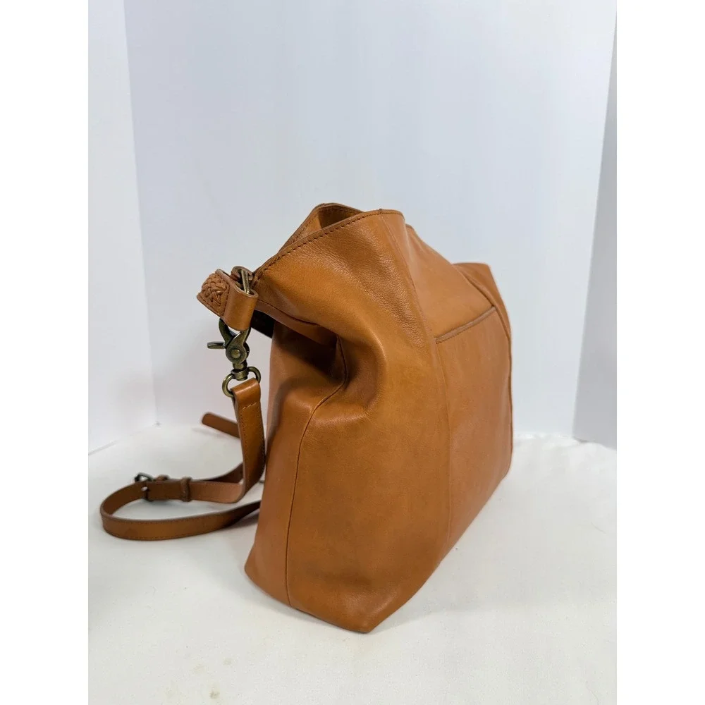 Lucky Brand Tan Leather Convertible Shoulder Bag Whipstitch Tassel Cognac